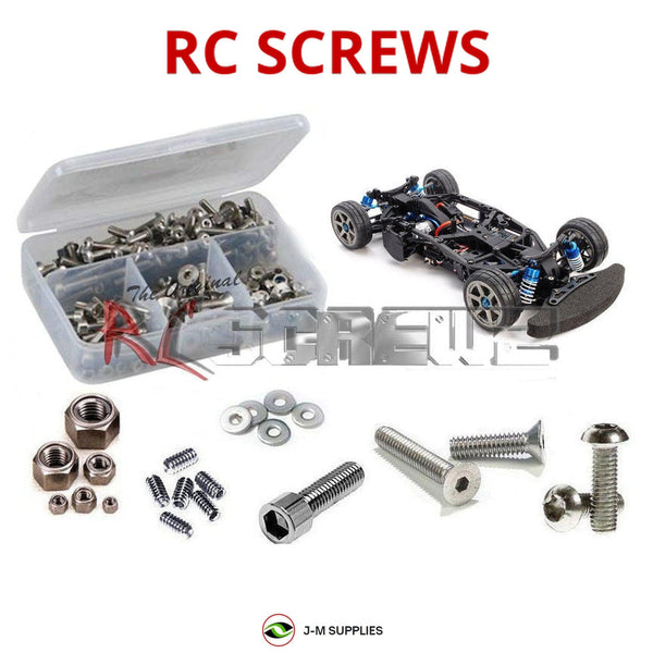 Representative image of an RCScrewZ stainless steel screw kit for Tamiya TB-04 PRO II 1/10 Electric 4WD Touring Car (84382); exact kit contents vary by RC model.