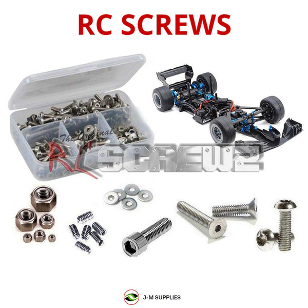 Representative image of an RCScrewZ stainless steel screw kit for Tamiya TRF103 1/10 Electric 2WD Formula Car (42318); exact kit contents vary by RC model.