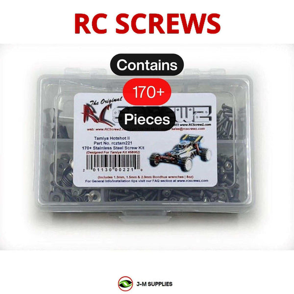 Representative image of an RCScrewZ stainless steel screw kit for Tamiya Hotshot II 1/10 Electric 4WD Buggy (58062); exact kit contents vary by RC model.