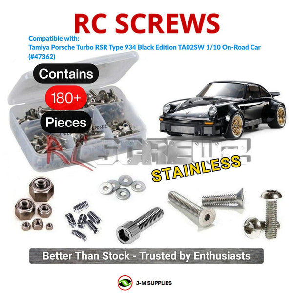 Representative image of an RCScrewZ stainless steel screw kit for Tamiya Porsche 934 Black TA02SW 1/10 Electric 4WD (47362); exact kit contents vary by RC model.
