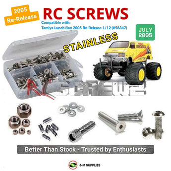 Representative image of an RCScrewZ stainless steel screw kit for Tamiya Lunch Box Re-Release 1/12 Electric 2WD Van (58347); exact kit contents vary by RC model.