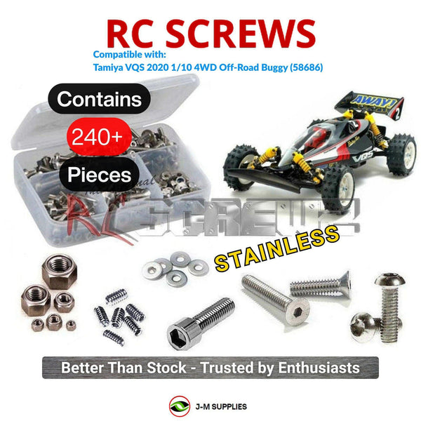 Representative image of an RCScrewZ stainless steel screw kit for Tamiya VQS 2020 1/10 Electric 4WD Buggy (58686); exact kit contents vary by RC model.