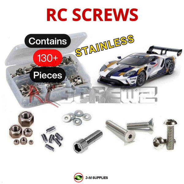 Representative image of an RCScrewZ stainless steel screw kit for Tamiya Ford GT Mk II TT-02 1/10 Electric 4WD Touring Car (58689); exact kit contents vary by RC model.