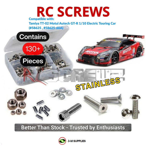 Representative image of an RCScrewZ stainless steel screw kit for Tamiya Motul Autech GT-R TT-02 1/10 Electric Touring Car (58625); exact kit contents vary by RC model.
