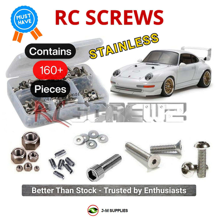 Representative image of an RCScrewZ stainless steel screw kit for Tamiya Porsche 911 GT2 TA02SW 1/10 Electric 4WD (84399); exact kit contents vary by RC model.