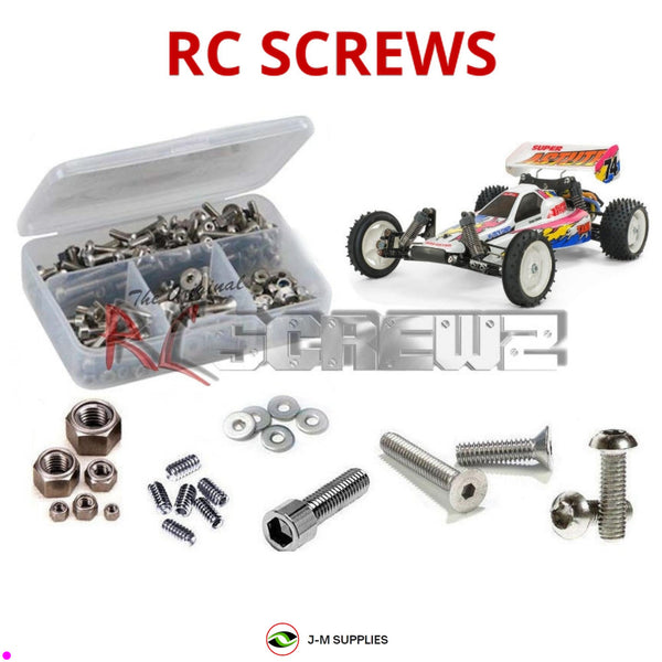 Representative image of an RCScrewZ stainless steel screw kit for Tamiya Super Astute 2018 1/10 Electric 2WD Buggy (47381); exact kit contents vary by RC model.