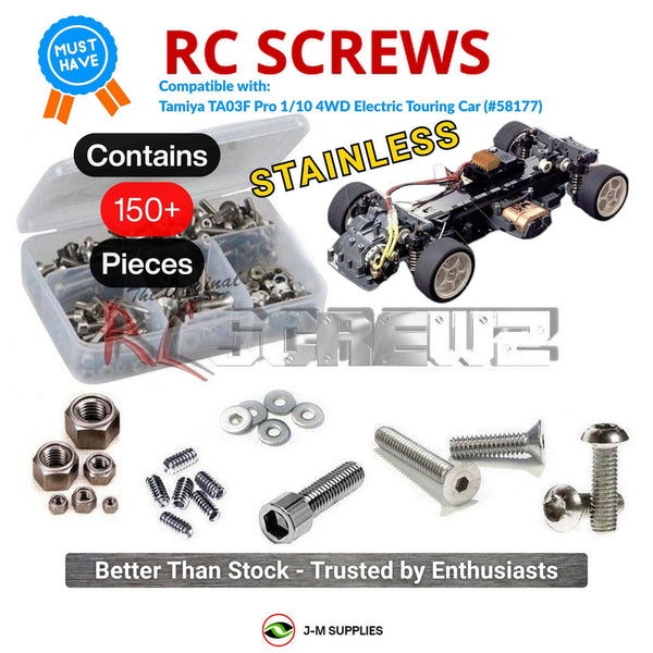 Representative image of an RCScrewZ stainless steel screw kit for Tamiya TA03F Pro 1/10 Electric 4WD Touring Car (58177); exact kit contents vary by RC model.