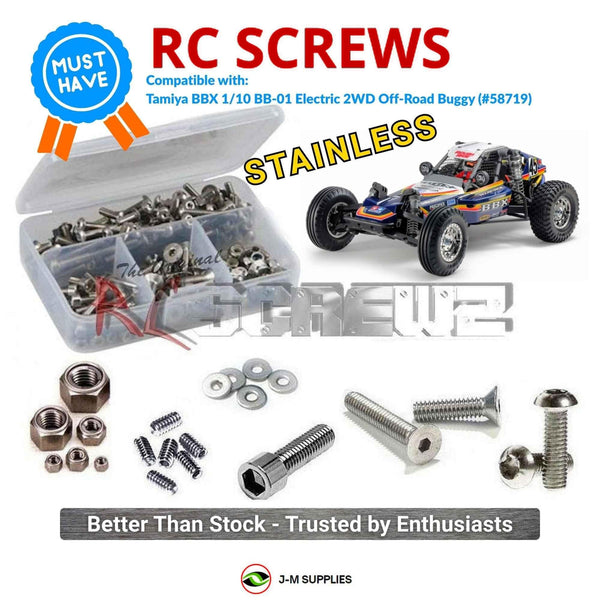 Representative image of an RCScrewZ stainless steel screw kit for Tamiya BBX BB-01 1/10 Electric 2WD Buggy (58719); exact kit contents vary by RC model.