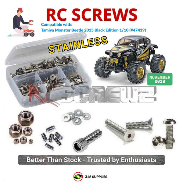 Representative image of an RCScrewZ stainless steel screw kit for Tamiya Monster Beetle Black 1/10 Electric 2WD Truck (47419); exact kit contents vary by RC model.