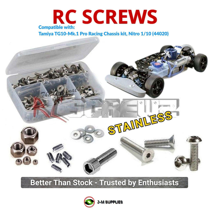 Representative image of an RCScrewZ stainless steel screw kit for Tamiya TG10-Mk.1 Pro 1/10 Nitro 4WD Chassis (44020); exact kit contents vary by RC model.