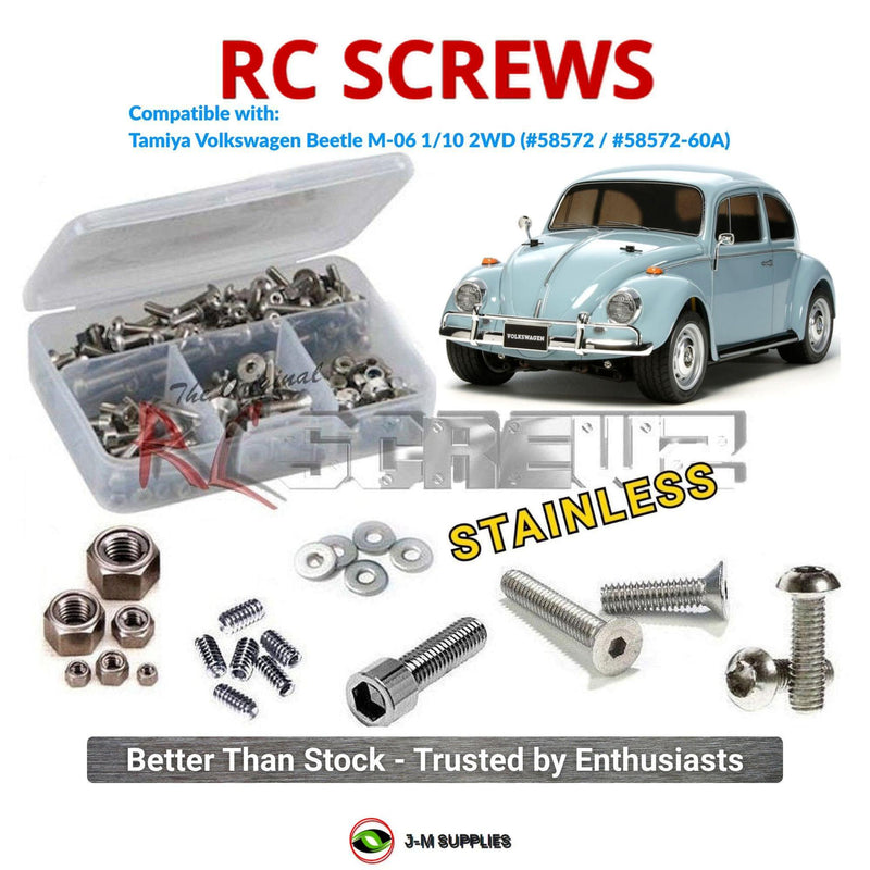 Representative image of an RCScrewZ stainless steel screw kit for Tamiya Volkswagen Beetle M-06 1/10 Electric 2WD Car (58572); exact kit contents vary by RC model.
