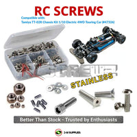 Representative image of an RCScrewZ stainless steel screw kit for Tamiya TT-02R 1/10 Electric 4WD Touring Car (47326, 84409); exact kit contents vary by RC model.