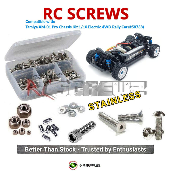 Representative image of an RCScrewZ stainless steel screw kit for Tamiya XM-01 Pro 1/10 Electric 4WD Rally Car (58738); exact kit contents vary by RC model.