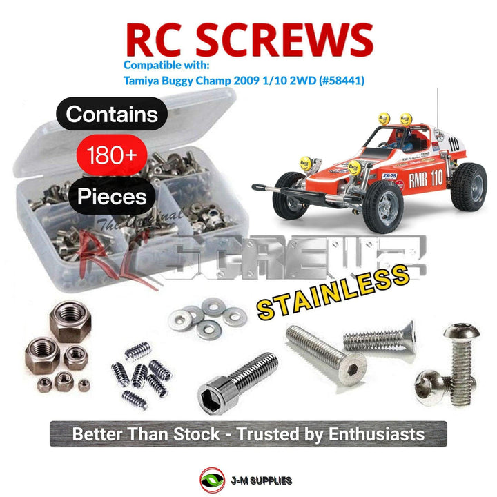 Representative image of an RCScrewZ stainless steel screw kit for Tamiya Buggy Champ 2009 1/10 Electric 2WD Buggy (58441); exact kit contents vary by RC model.
