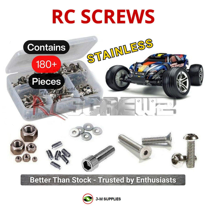 Representative image of an RCScrewZ stainless steel screw kit for Traxxas Nitro Rustler 2.5 1/10 Nitro 2WD Truck (44096-3); exact kit contents vary by RC model.