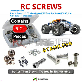 Representative image of an RCScrewZ stainless steel screw kit for Traxxas S-Maxx 2.5 SportMaxx 1/10 Nitro 2WD ST (5109, 5110); exact kit contents vary by RC model.