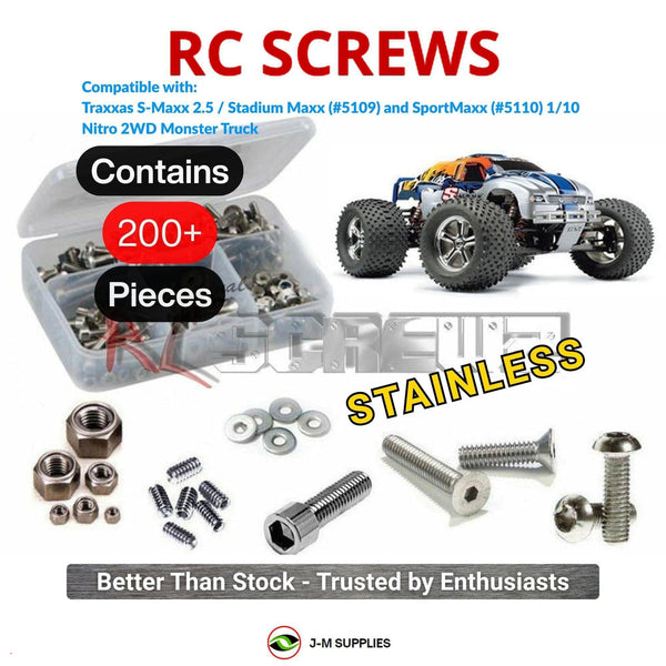 Representative image of an RCScrewZ stainless steel screw kit for Traxxas S-Maxx 2.5 SportMaxx 1/10 Nitro 2WD ST (5109, 5110); exact kit contents vary by RC model.