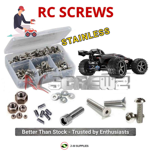 Representative image of an RCScrewZ stainless steel screw kit for Traxxas E-Revo 1/10 Electric 4WD MT (5603, 56085, 56087); exact kit contents vary by RC model.
