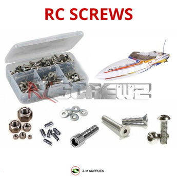 Representative image of an RCScrewZ stainless steel screw kit for Traxxas Villain EX Electric Deep-V Speedboat; exact kit contents vary by RC model.