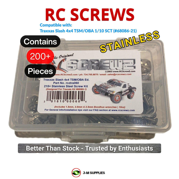 Representative image of an RCScrewZ stainless steel screw kit for Traxxas Slash 4X4 TSM/OBA 1/10 Electric 4WD SCT (68086-21); exact kit contents vary by RC model.
