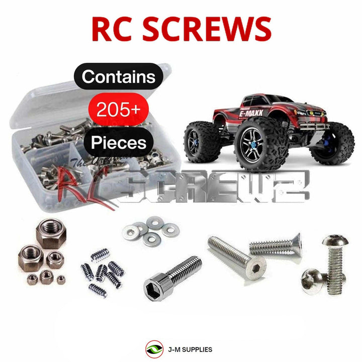 Representative image of an RCScrewZ stainless steel screw kit for Traxxas E-Maxx Brushless TSM 1/10 4WD MT (39087-3); exact kit contents vary by RC model.