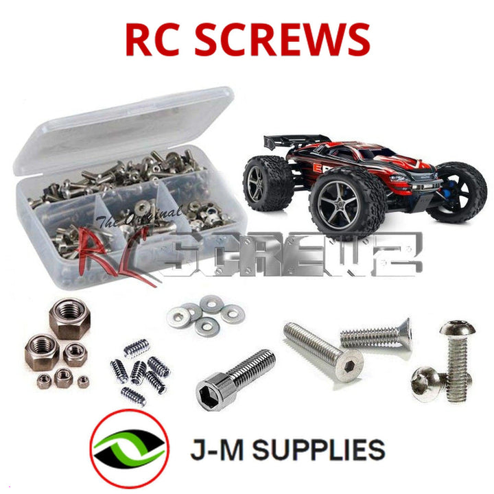Representative image of an RCScrewZ stainless steel screw kit for Traxxas E-Revo Brushless TSM 1/10 4WD MT (56087-3); exact kit contents vary by RC model.