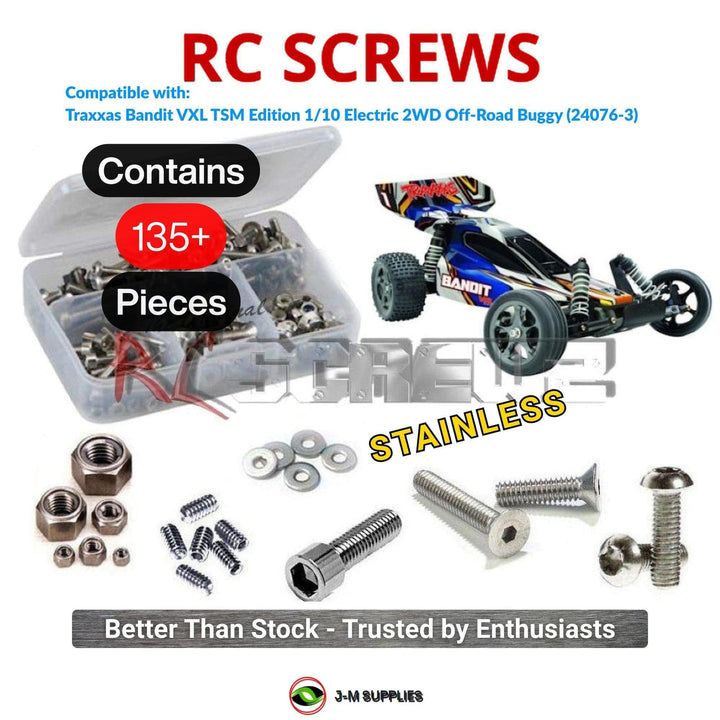 Representative image of an RCScrewZ stainless steel screw kit for Traxxas Bandit VXL TSM 1/10 Electric 2WD Buggy (24076-3); exact kit contents vary by RC model.