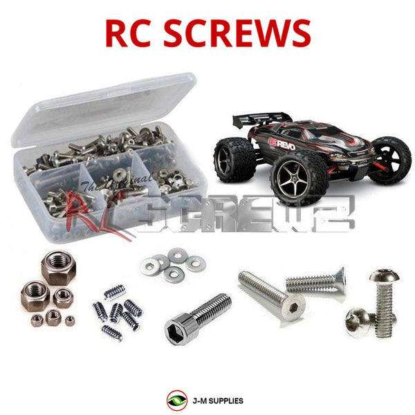 Representative image of an RCScrewZ stainless steel screw kit for Traxxas 1/16 E-Revo VXL TSM Electric 4WD Mini MT (71076-3); exact kit contents vary by RC model.