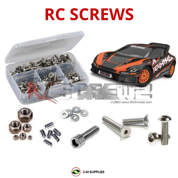 Representative image of an RCScrewZ stainless steel screw kit for Traxxas Rally VXL TSM 1/10 Electric 4WD Rally (74076-3); exact kit contents vary by RC model.