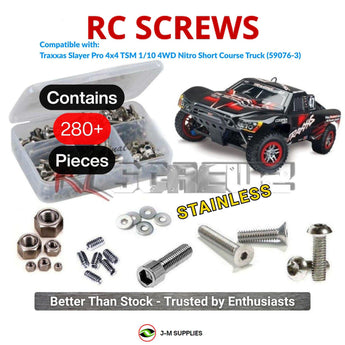 Representative image of an RCScrewZ stainless steel screw kit for Traxxas Slayer Pro 4X4 TSM 1/10 Nitro 4WD SCT (59076-3); exact kit contents vary by RC model.