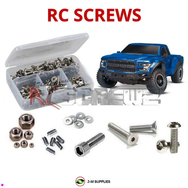 Representative image of an RCScrewZ stainless steel screw kit for Traxxas Ford F-150 Raptor 1/10 Electric 2WD SCT (58094-1); exact kit contents vary by RC model.