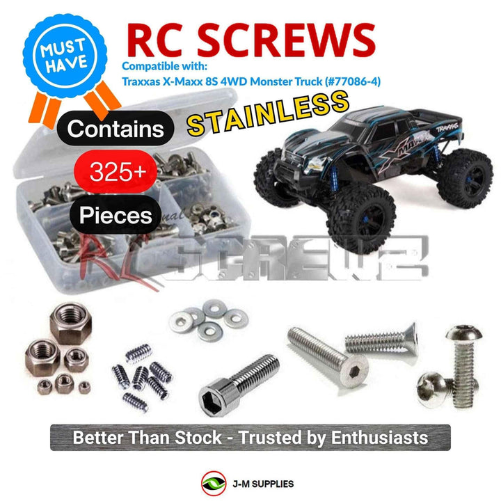 Representative image of an RCScrewZ stainless steel screw kit for Traxxas X-Maxx 8S 1/5 Electric 4WD MT (77086-4); exact kit contents vary by RC model.