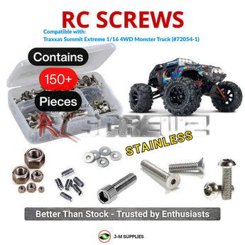 Representative image of an RCScrewZ stainless steel screw kit for Traxxas Summit Extreme 1/16 Electric 4WD MT (72054-1); exact kit contents vary by RC model.