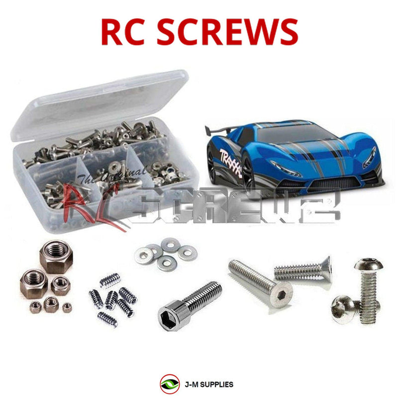 Representative image of an RCScrewZ stainless steel screw kit for Traxxas XO-1 AWD 1/7 Electric Supercar (64077-3); exact kit contents vary by RC model.