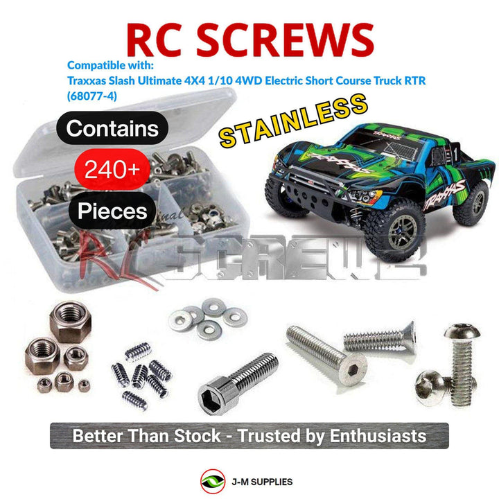 Representative image of an RCScrewZ stainless steel screw kit for Traxxas Slash 4X4 Ultimate 1/10 4WD SCT (68077-4); exact kit contents vary by RC model.