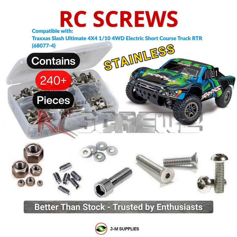 Representative image of an RCScrewZ stainless steel screw kit for Traxxas Slash 4X4 Ultimate 1/10 4WD SCT (68077-4); exact kit contents vary by RC model.