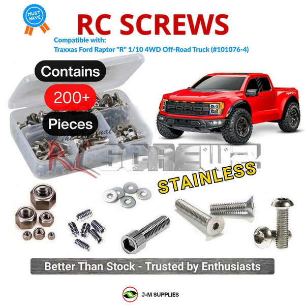 Representative image of an RCScrewZ stainless steel screw kit for Traxxas Ford Raptor R 1/10 4WD Truck (101076-4); exact kit contents vary by RC model.