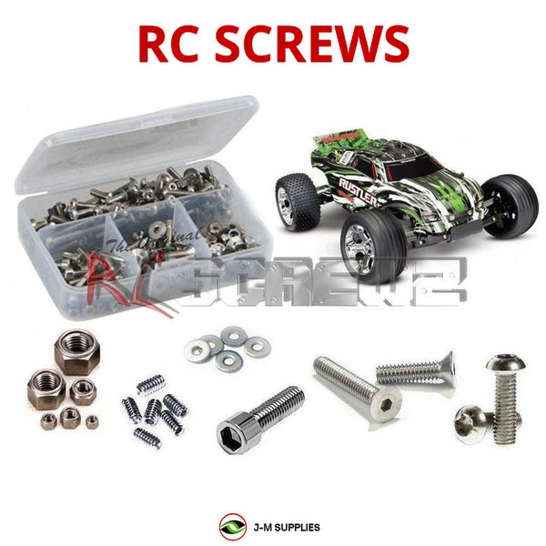 Representative image of an RCScrewZ stainless steel screw kit for Traxxas Rustler XL-5 USB-C 1/10 2WD Stadium Truck (37054-8); exact kit contents vary by RC model.