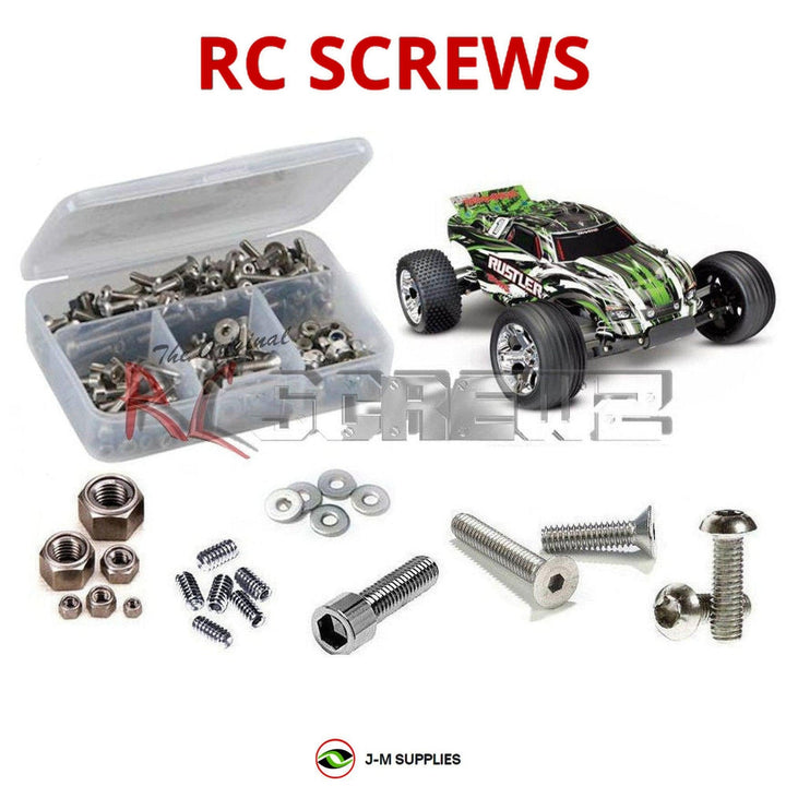 Representative image of an RCScrewZ stainless steel screw kit for Traxxas Rustler XL-5 USB-C 1/10 2WD Stadium Truck (37054-8); exact kit contents vary by RC model.