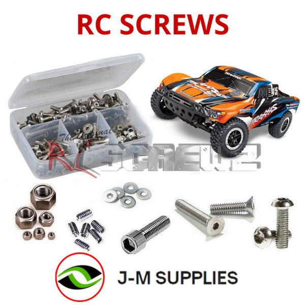 Representative image of an RCScrewZ stainless steel screw kit for Traxxas Slash XL-5 USB-C 1/10 2WD SCT (58034-8); exact kit contents vary by RC model.