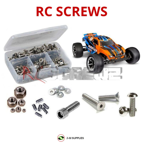 Representative image of an RCScrewZ stainless steel screw kit for Traxxas Rustler XL-5 HD 1/10 2WD Stadium Truck (37254-8); exact kit contents vary by RC model.