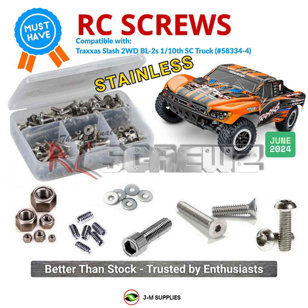 Representative image of an RCScrewZ stainless steel screw kit for Traxxas Slash 2WD BL-2S 1/10 SCT (58334-4); exact kit contents vary by RC model.