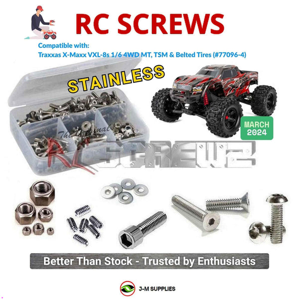 Representative image of an RCScrewZ stainless steel screw kit for Traxxas X-Maxx 8S Belted 1/6 MT (77096-4); exact kit contents vary by RC model.