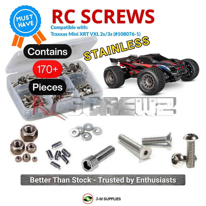 Representative image of an RCScrewZ stainless steel screw kit for Traxxas Mini XRT VXL-3S 4WD Monster Truck (108076-1); exact kit contents vary by RC model.