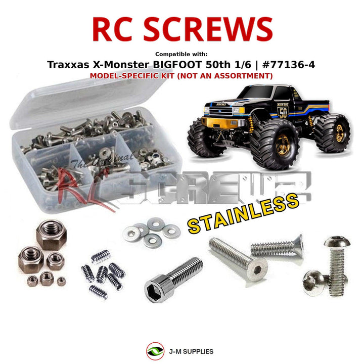 Representative image of an RCScrewZ stainless steel screw kit for Traxxas X-Monster BIGFOOT 50th 1/6 4WD MT (77136-4); exact kit contents vary by RC model.