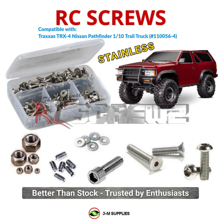 Representative image of an RCScrewZ stainless steel screw kit for Traxxas TRX-4 1988 Nissan Pathfinder 1/10 (110056-4); exact kit contents vary by RC model.