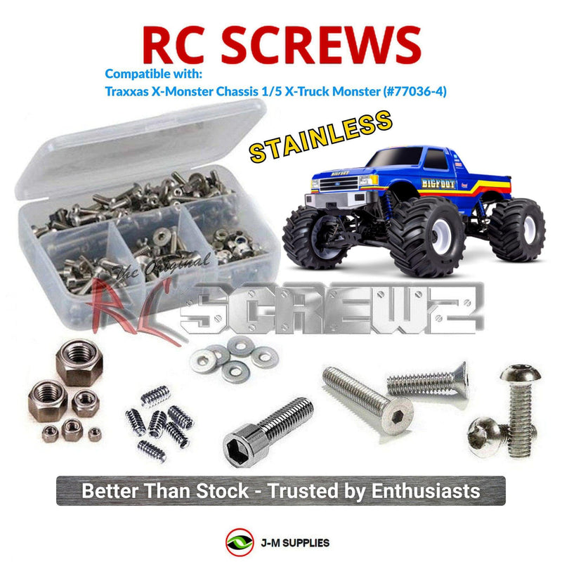 Representative image of an RCScrewZ stainless steel screw kit for Traxxas X-Monster Chassis VXL-8S 1/5 4WD MT (77036-4); exact kit contents vary by RC model.