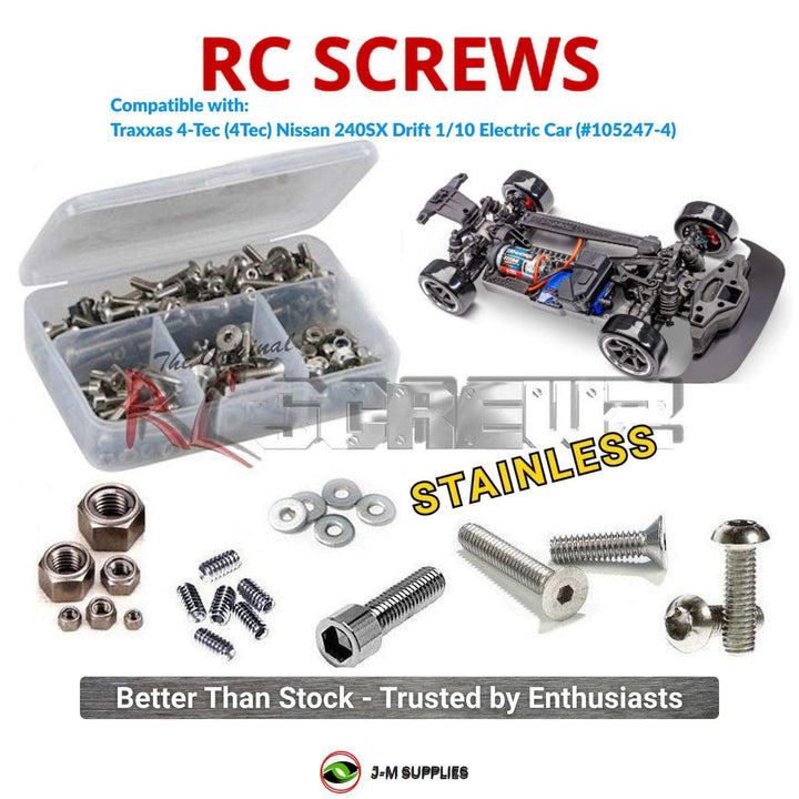 Representative image of an RCScrewZ stainless steel screw kit for Traxxas 4-Tec Drift Nissan 240SX 1/10 RWD (105247-4); exact kit contents vary by RC model.