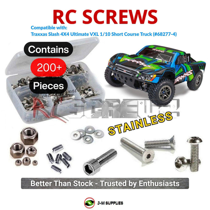 Representative image of an RCScrewZ stainless steel screw kit for Traxxas Slash 4X4 Ultimate VXL 1/10 SCT (68277-4); exact kit contents vary by RC model.