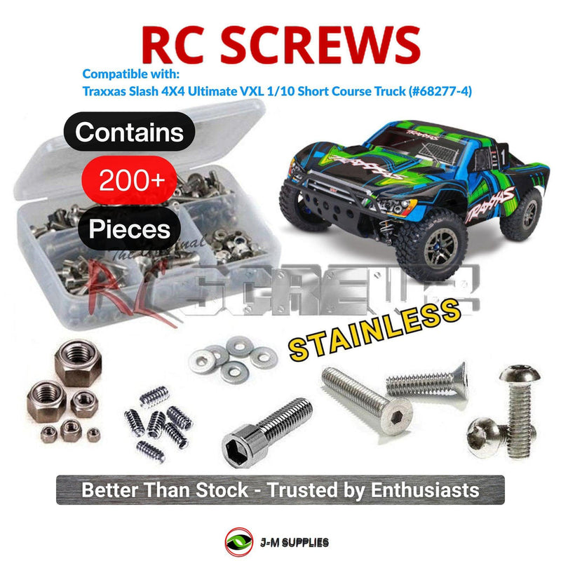 Representative image of an RCScrewZ stainless steel screw kit for Traxxas Slash 4X4 Ultimate VXL 1/10 SCT (68277-4); exact kit contents vary by RC model.
